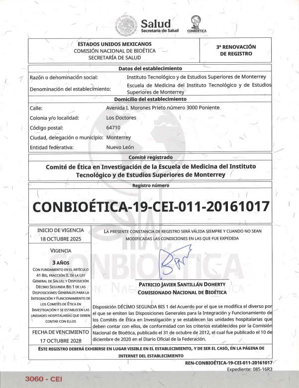 Registro ante CONBIOETICA del Comité de Ética en Investigación del ITESM.